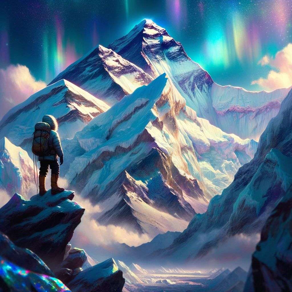 someone gazing at Mount Everest, digital painting, iridescent